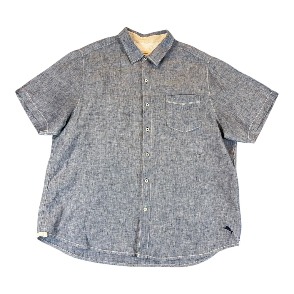 Tommy Bahama Shirt Mens Extra Large Blue 100% Linen Short Sleeve Contrast Stitch